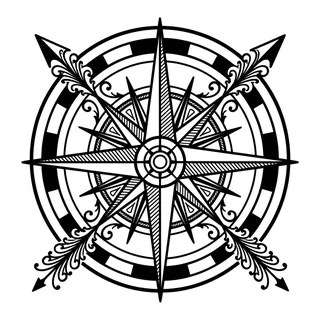 Black and grey illustrative compass tattoo design, drawn flat for a palm tattoo