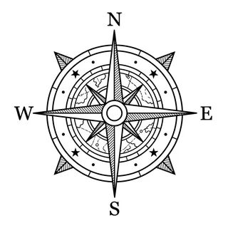 Black and white linework compass tattoo design, outline stencil for a palm tattoo