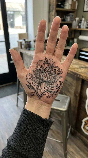 Black and white linework lotus tattoo on a woman's palm