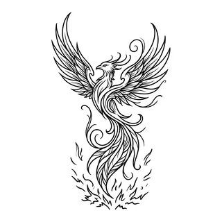 Black and white linework phoenix tattoo design, outline stencil for a palm tattoo
