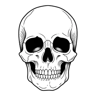 Black and white linework skull tattoo design, outline stencil for a palm tattoo
