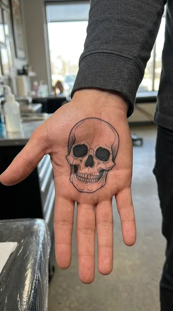Black and white linework skull tattoo on a man's palm
