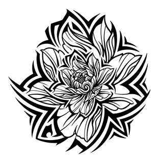 Black and white tribal flower tattoo design, drawn flat for a palm tattoo