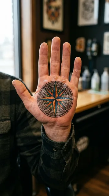 Color geometric compass rose tattoo on a man's palm
