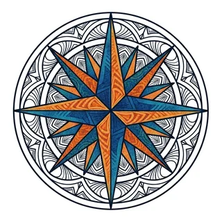 Color geometric compass rose tattoo design, outline stencil for a palm tattoo