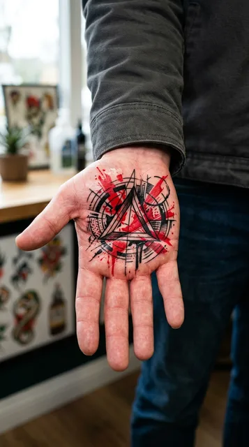 Color geometric triangle tattoo on a man's palm