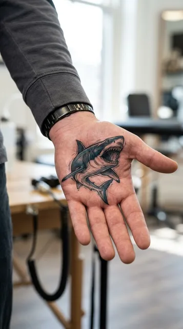 Color illustrative shark tattoo on a man's palm