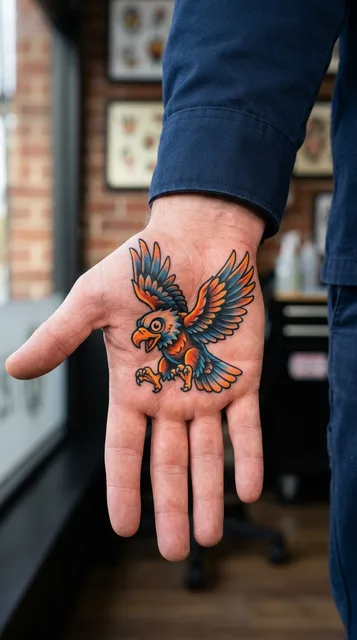 Color new school eagle tattoo on a man's palm