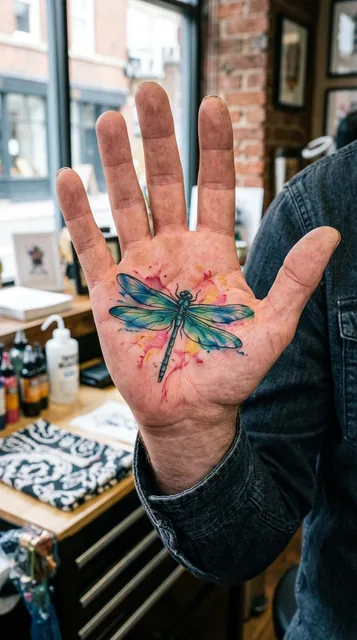 Color watercolor dragonfly tattoo on a man's palm