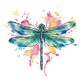Color watercolor dragonfly tattoo design, drawn flat for a palm tattoo