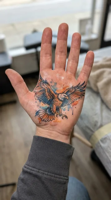 Color watercolor eagle tattoo on a man's palm