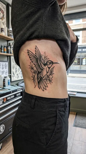 Black and white blackwork hummingbird tattoo on a woman's ribs