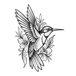 Black and white blackwork hummingbird tattoo design, drawn flat for a ribs tattoo