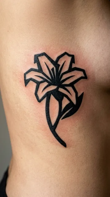 Black and white blackwork lily tattoo on a woman's ribs