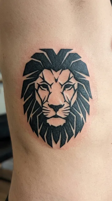 Black and white blackwork lion tattoo on a woman's ribs