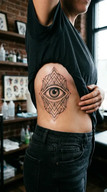 Black and grey dotwork eye tattoo on a woman's ribs