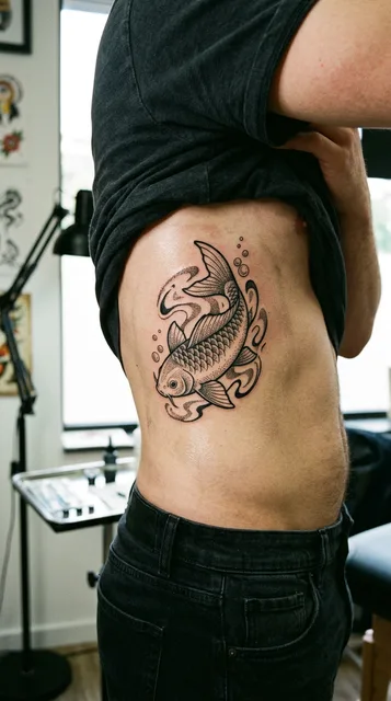 Black and grey dotwork koi fish tattoo on a man's ribs