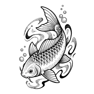 Black and grey dotwork koi fish tattoo design, drawn flat for a ribs tattoo