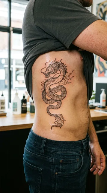 Black and white fine line dragon tattoo on a man's ribs