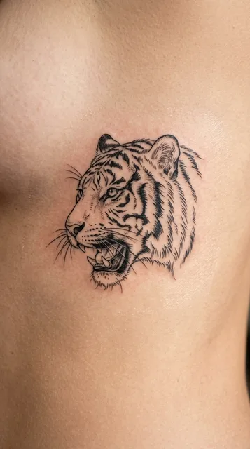 Black and white fine line tiger tattoo on a woman's ribs