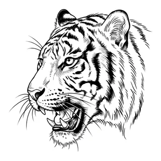 Black and white fine line tiger tattoo design, outline stencil for a ribs tattoo