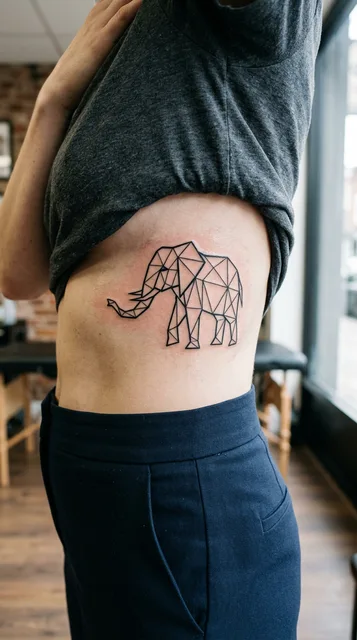 Black and white geometric elephant tattoo on a woman's ribs