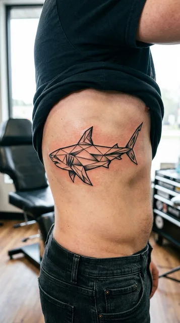 Black and white geometric shark tattoo on a man's ribs