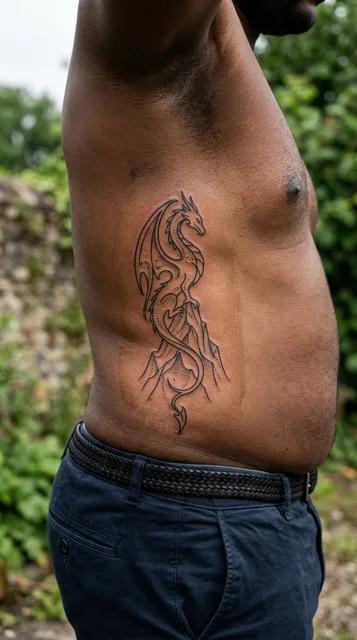 Black and grey ornamental tattoo on a man's ribs
