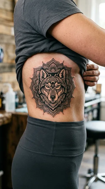 Black and grey ornamental wolf tattoo on a woman's ribs