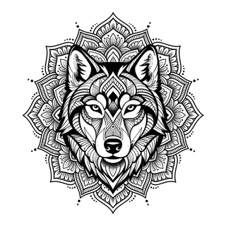 Black and grey ornamental wolf tattoo design, drawn flat for a ribs tattoo