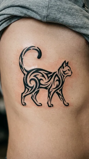Black and white tribal cat tattoo on a man's ribs