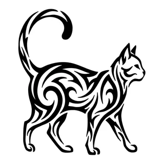 Black and white tribal cat tattoo design, drawn flat for a ribs tattoo