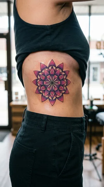 Color geometric ornament tattoo on a woman's ribs