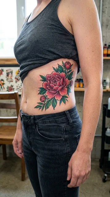 Color illustrative peony tattoo on a woman's ribs