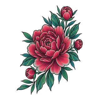 Color illustrative peony tattoo design, drawn flat for a ribs tattoo