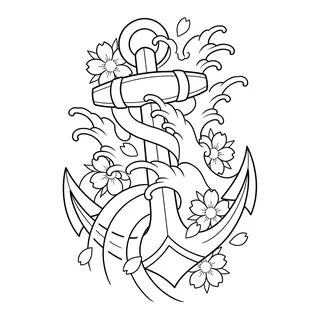 Color Japanese anchor tattoo design, drawn flat for a ribs tattoo