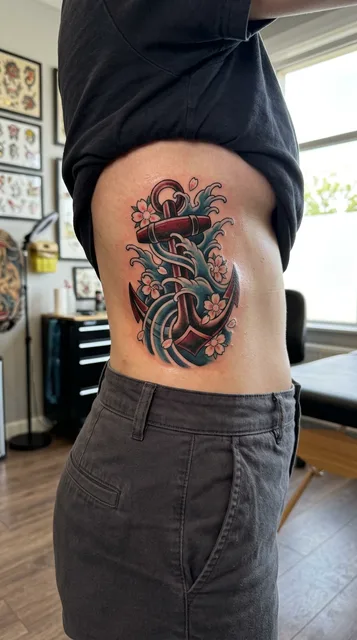 Color Japanese anchor tattoo on a woman's ribs