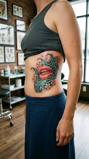 Color Japanese lips tattoo on a woman's ribs