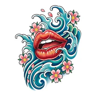 Color Japanese lips tattoo design, drawn flat for a ribs tattoo