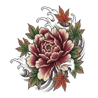 Color Japanese peony tattoo design, drawn flat for a ribs tattoo
