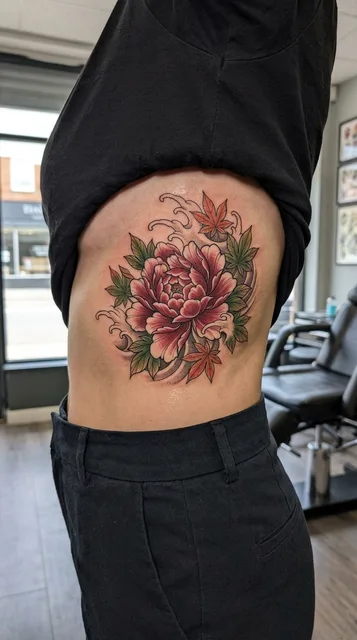 Peony tattoo on the ribs