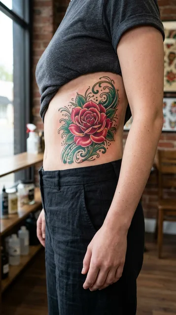 Color Japanese rose tattoo on a woman's ribs
