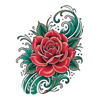 Color Japanese rose tattoo design, drawn flat for a ribs tattoo