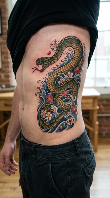 Color Japanese snake tattoo on a man's ribs