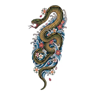 Color Japanese snake tattoo design, drawn flat for a ribs tattoo