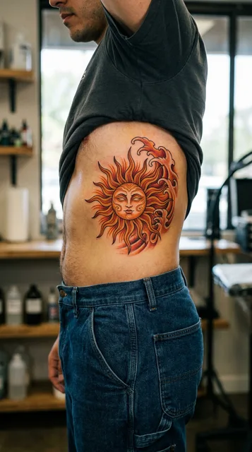 Color Japanese sun tattoo on a man's ribs