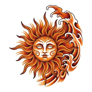 Color Japanese sun tattoo design, drawn flat for a ribs tattoo