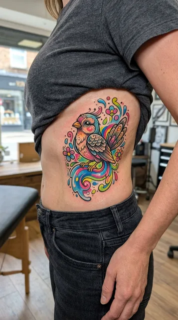 Color new school bird tattoo on a woman's ribs