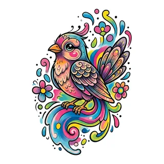 Color new school bird tattoo design, drawn flat for a ribs tattoo