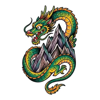 Color new school dragon tattoo design, drawn flat for a ribs tattoo